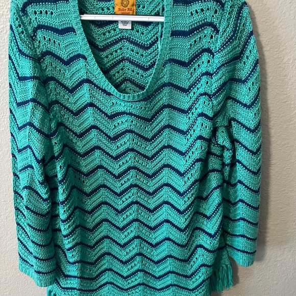Ruby Rd. Teal and Blue Chevron Sweater with Fringe - Picture 3 of 5